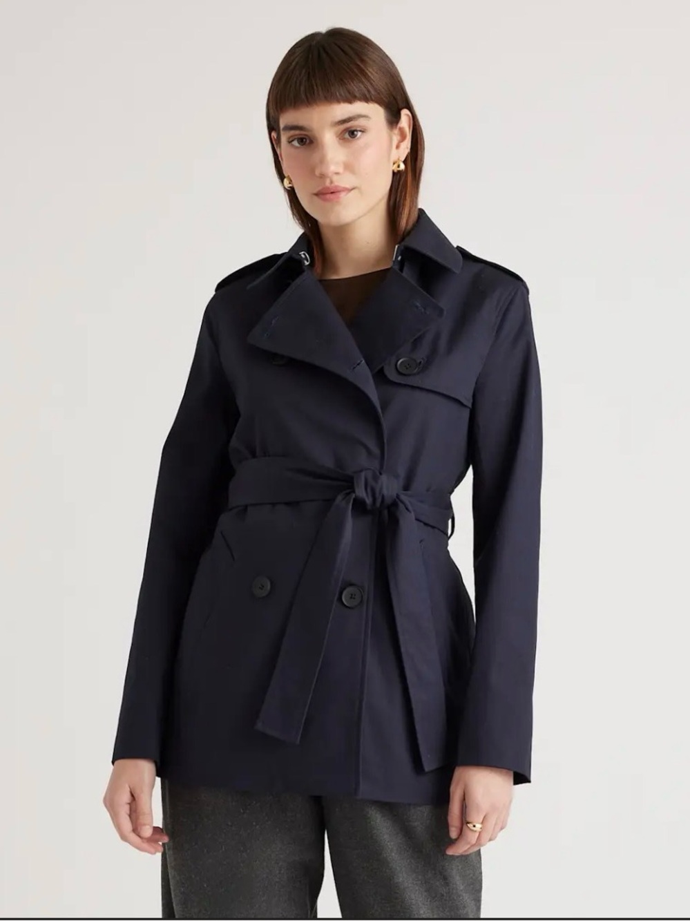Quince Navy Short Trench with Waist Tie